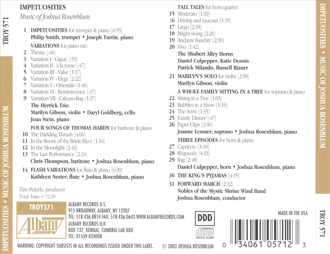 IMPETUOSITIES: MUSIC OF JOSHUA ROSENBLUM NEW CD - Picture 1 of 1