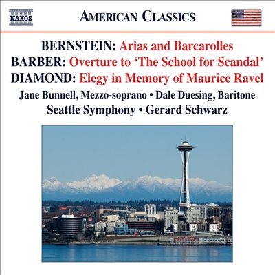 Arias & Barcarolles (7 of 9 songs in this set are by Bernstein), for mezzo-soprano, baritone, strings & percussion (or piano duet)